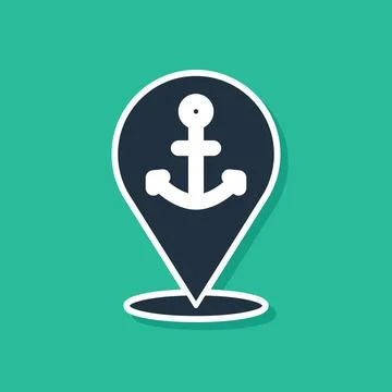 Blue Map pointer with anchor icon isolated on green background. Vector Stock Illustration