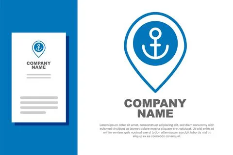 Blue Map pointer with anchor icon isolated on white background. Logo design Stock Illustration