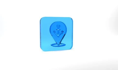 Blue Map pointer with anchor icon isolated on grey background. Glass square Stock Illustration