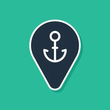 Blue Map pointer with anchor icon isolated on green background.  Vector Stock Illustration