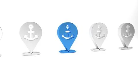 Blue Map pointer with anchor icon isolated on white background. Minimalism .. Stock Illustration