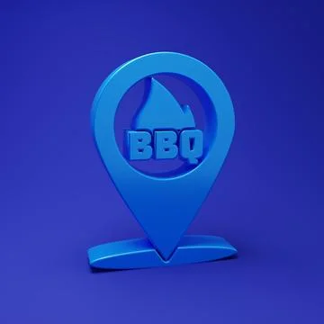 Blue Map pointer with barbecue icon isolated on blue background. Fire flame.. Stock Illustration