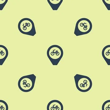 Blue Map pointer with bicycle icon isolated seamless pattern on yellow backgr Stock Illustration