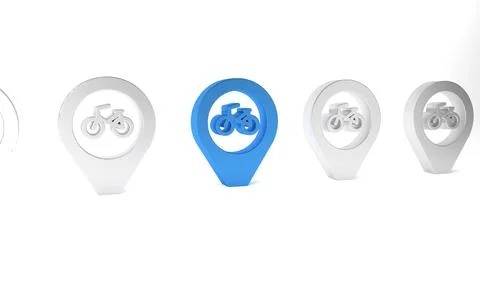 Blue Map pointer with bicycle icon isolated on white background. Minimalism.. Stock Illustration