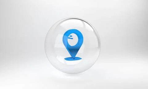 Blue Map pointer with bowling ball icon isolated on grey background. Sport eq Stock Illustration