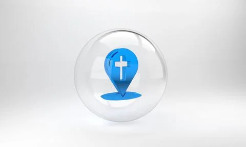 Blue Map pointer with christian cross icon isolated on grey background. Glass 스톡 일러스트