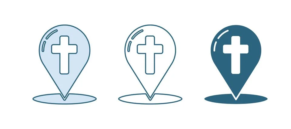 Blue Map pointer with christian cross icon isolated on white background.  V.. Stock Illustration