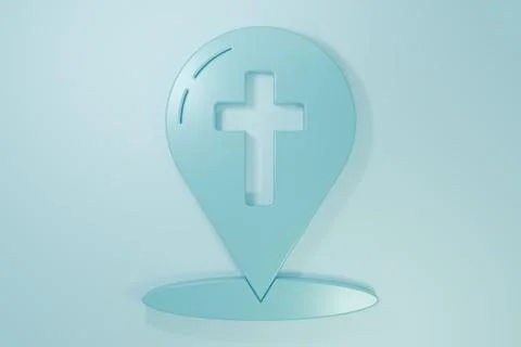 Blue Map pointer with christian cross icon isolated on blue background. Min.. Stock Illustration