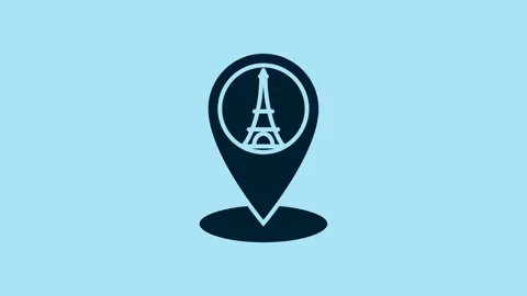 Blue Map pointer with Eiffel tower icon isolated on blue background. France Stock Footage 231422638