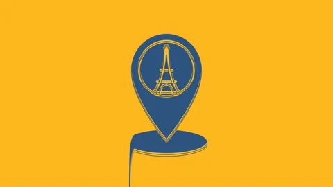 Blue Map pointer with Eiffel tower icon isolated on orange background. France Stock Footage 234271526