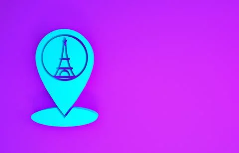 Blue Map pointer with Eiffel tower icon isolated on purple background. France Stock Illustration