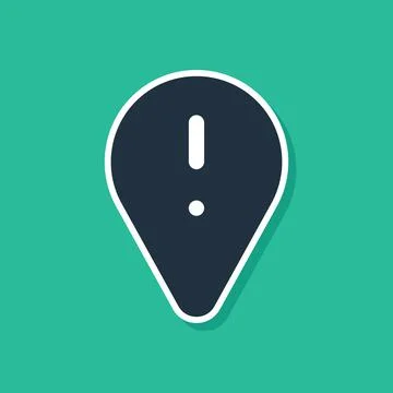 Blue Map pointer with exclamation mark icon isolated on green background. Hazard Stock Illustration