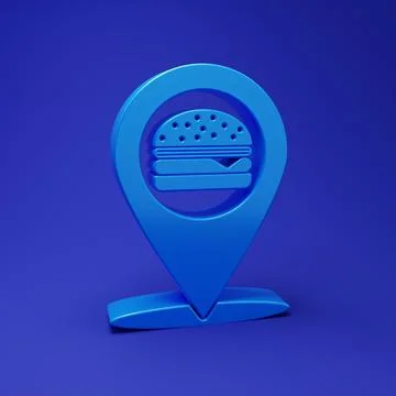 Blue Map pointer with fast food burger icon isolated on blue background. Mi.. Illustrazione stock