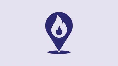 Blue Map pointer with fire flame icon isolated on purple background. Fire nearby Video stock 232835349