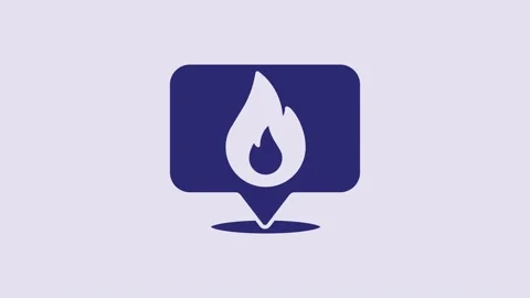 Blue Map pointer with fire flame icon isolated on purple background. Fire nearby Video stock 232835508