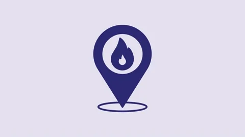 Blue Map pointer with fire flame icon isolated on purple background. Fire nearby Video stock 232853484