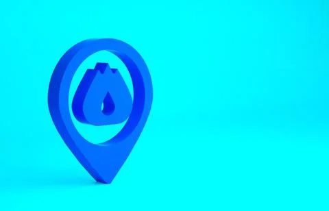 Blue Map pointer with fire flame icon isolated on blue background. Fire nearb Stockillustratie