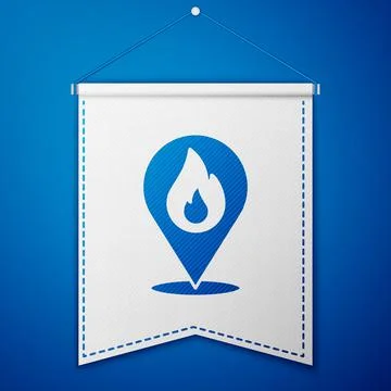 Blue Map pointer with fire flame icon isolated on blue background. Fire nearby 스톡 일러스트