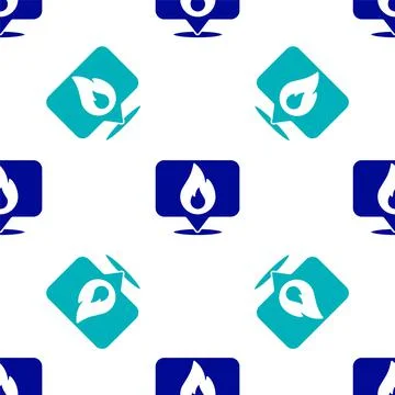 Blue Map pointer with fire flame icon isolated seamless pattern on white Stock Illustration