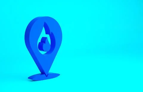 Blue Map pointer with fire flame icon isolated on blue background. Fire nearb Stock Illustration