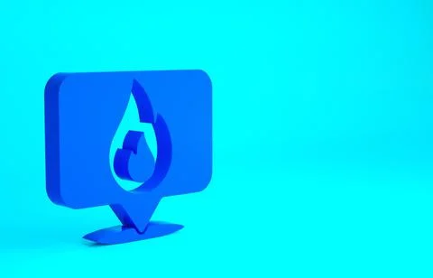 Blue Map pointer with fire flame icon isolated on blue background. Fire nearb Stock Illustration
