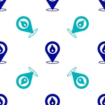 Blue Map pointer with fire flame icon isolated seamless pattern on white back Stockillustratie