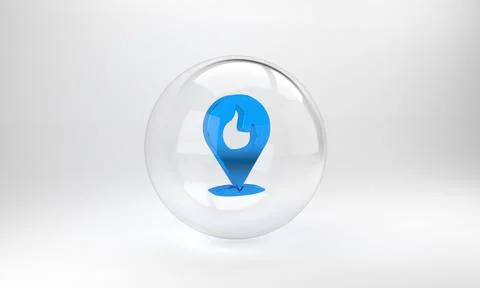 Blue Map pointer with fire flame icon isolated on grey background. Fire nearb 스톡 일러스트