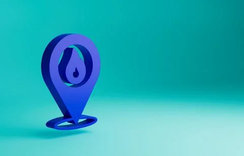 Blue Map pointer with fire flame icon isolated on blue background. Fire nearby Stock Illustration
