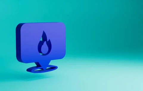 Blue Map pointer with fire flame icon isolated on blue background. Fire nearby 스톡 일러스트