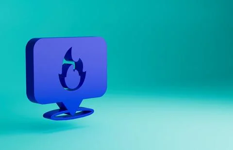 Blue Map pointer with fire flame icon isolated on blue background. Fire nearby 스톡 일러스트