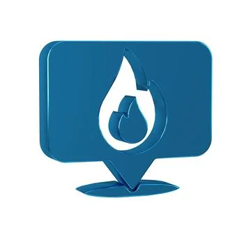 Blue Map pointer with fire flame icon isolated on transparent background. F.. Stock Illustration