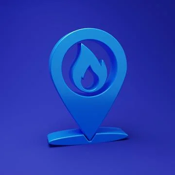 Blue Map pointer with fire flame icon isolated on blue background. Fire nea.. Stock Photos