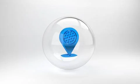 Blue Map pointer with golf sport club icon isolated on grey background. Glass 스톡 일러스트