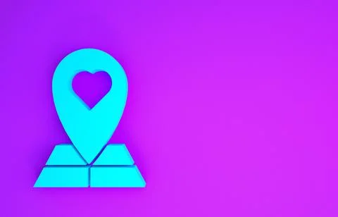 Blue Map pointer with heart icon isolated on purple background. Valentines da 스톡 일러스트