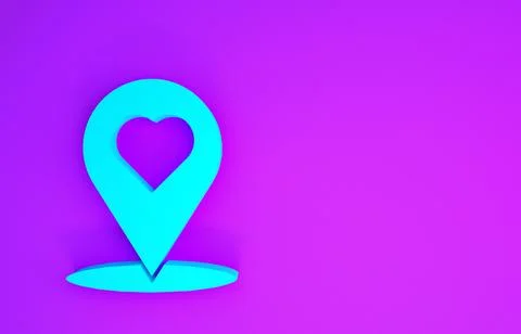 Blue Map pointer with heart icon isolated on purple background. Valentines da Stock Illustration