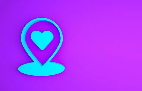 Blue Map pointer with heart icon isolated on purple background. Valentines da 스톡 일러스트