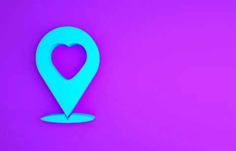 Blue Map pointer with heart icon isolated on purple background. Valentines da Stockillustratie