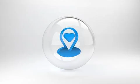 Blue Map pointer with heart icon isolated on grey background. Valentines day. 스톡 일러스트