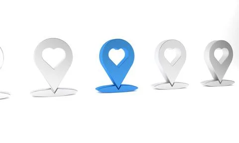 Blue Map pointer with heart icon isolated on white background. Valentines d.. Stock Illustration