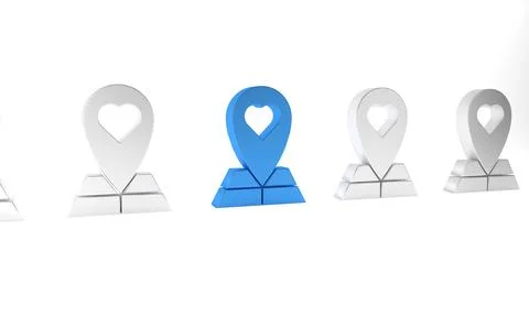 Blue Map pointer with heart icon isolated on white background. Valentines day Stock Illustration