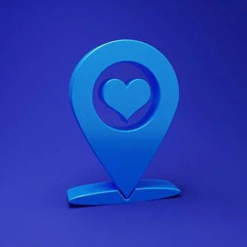 Blue Map pointer with heart icon isolated on blue background. Minimalism co.. Illustrazione stock