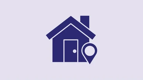 Blue Map pointer with house icon isolated on purple background. Home location Video stock 232795124