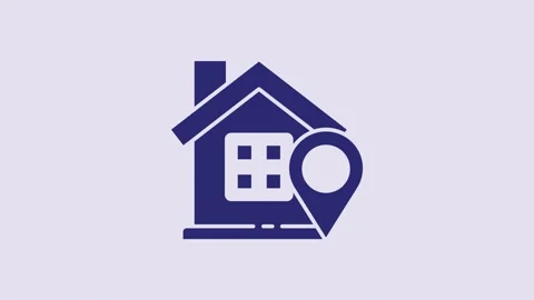 Blue Map pointer with house icon isolated on purple background. Home location Video stock 232797303