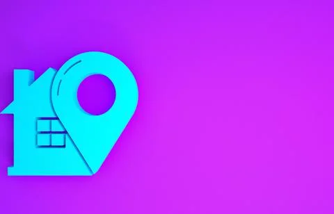 Blue Map pointer with house icon isolated on purple background. Home location 스톡 일러스트