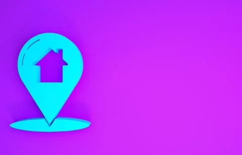 Blue Map pointer with house icon isolated on purple background. Home location Stock Illustration