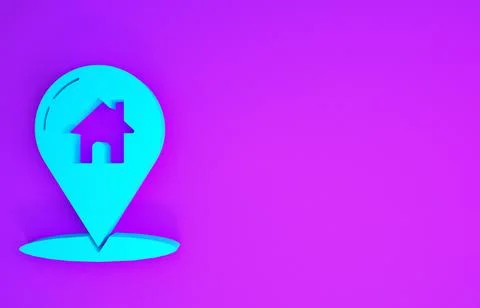 Blue Map pointer with house icon isolated on purple background. Home location Stock Illustration