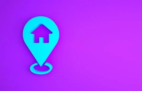 Blue Map pointer with house icon isolated on purple background. Home location Stock Illustration
