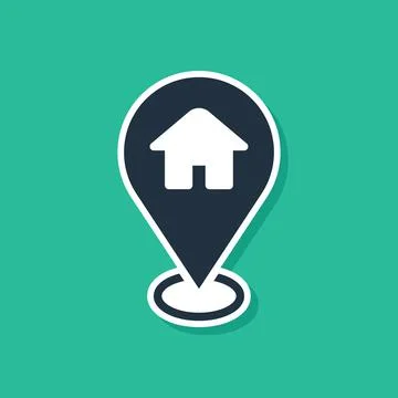 Blue Map pointer with house icon isolated on green background. Home location Stock Illustration