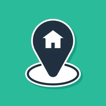 Blue Map pointer with house icon isolated on green background. Home location Stockillustratie
