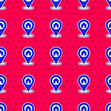 Blue Map pointer with house icon isolated seamless pattern on red background Illustrazione stock